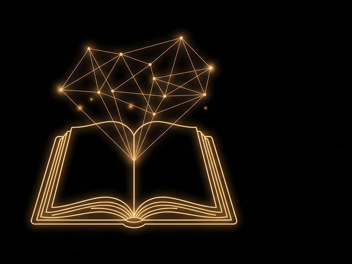 Open book from which a constellation of connected nodes rises, gold neon illustration on a black background
