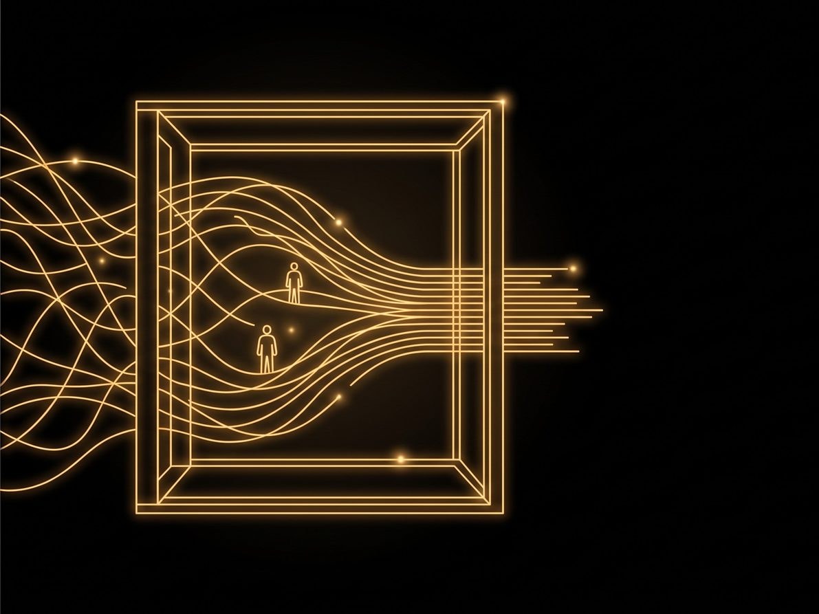 Frame ordering a bundle of tangled lines into parallel lines, with two human figures, gold neon illustration on a black background