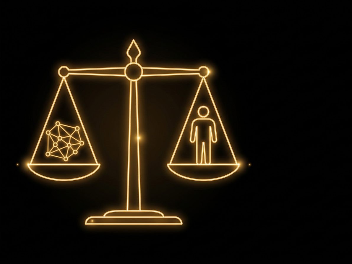 Scale with a network of nodes on one plate and a human figure on the other, gold neon illustration on a black background