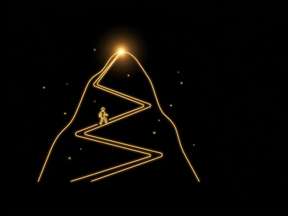 Figure climbing a switchback trail towards the lit top of a mountain, gold neon illustration on a black background