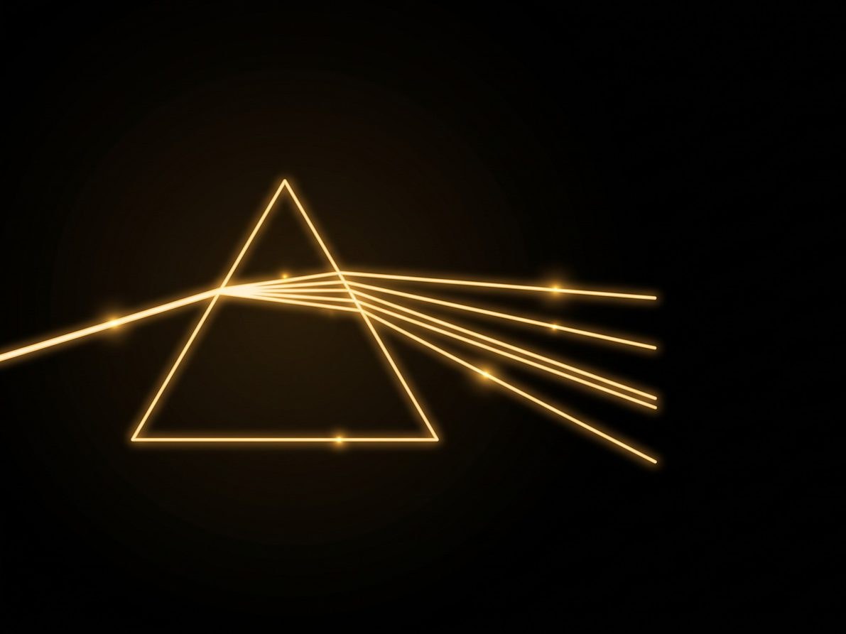 Prism splitting a beam of light into several rays, gold neon illustration on a black background