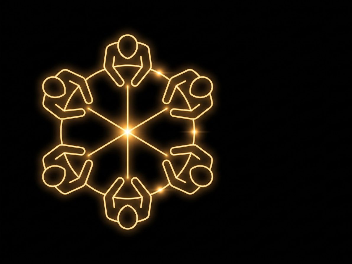 Six people around a table seen from above, joined by a glowing centre, gold neon illustration on a black background