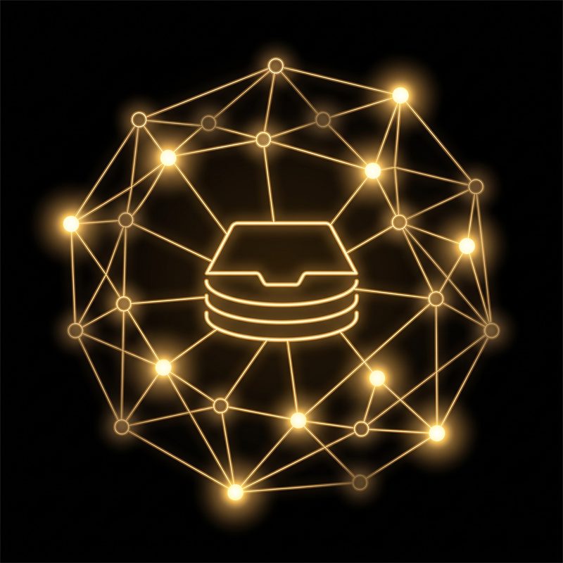 Central archive connected to a network of glowing nodes, gold neon illustration on a black background